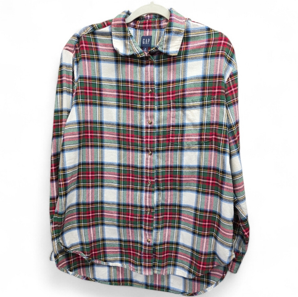 GAP‎ Men's Medium Tall Plaid Flannel Shirt Cotton Tartan Button Up Boyfriend Fit